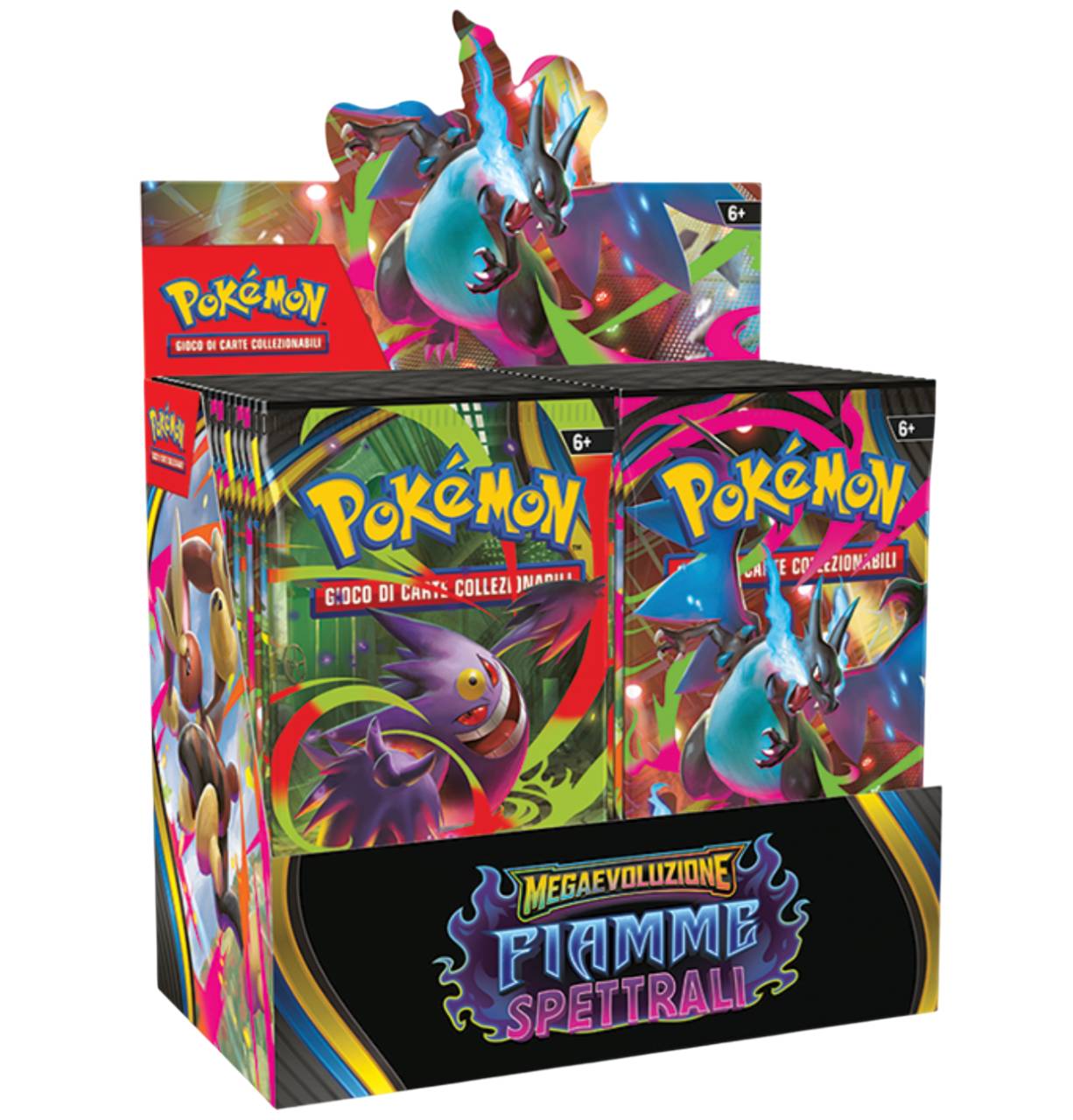Box da 36 bustine Pokémon Megaevoluzione Fiamme Spettrali in lingua italiana, confezione sigillata ufficiale.